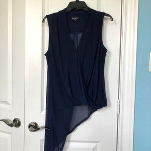 bebe Asymmetrical Navy Mesh Back V-Neck Top